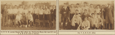 870821 Collage van 2 groepsportretten betreffende de voetbalwedstrijd Stichtsche Boys-T.A.B.O.R. De Stichtsche Boys uit ...